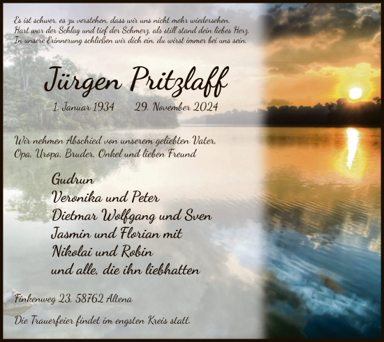 Traueranzeige von Jürgen Pritzlaff von WA