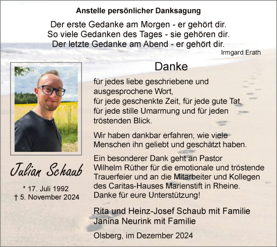 Traueranzeige von Julian Schaub von WA