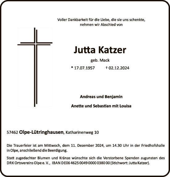 Traueranzeige von Jutta Katzer von WA