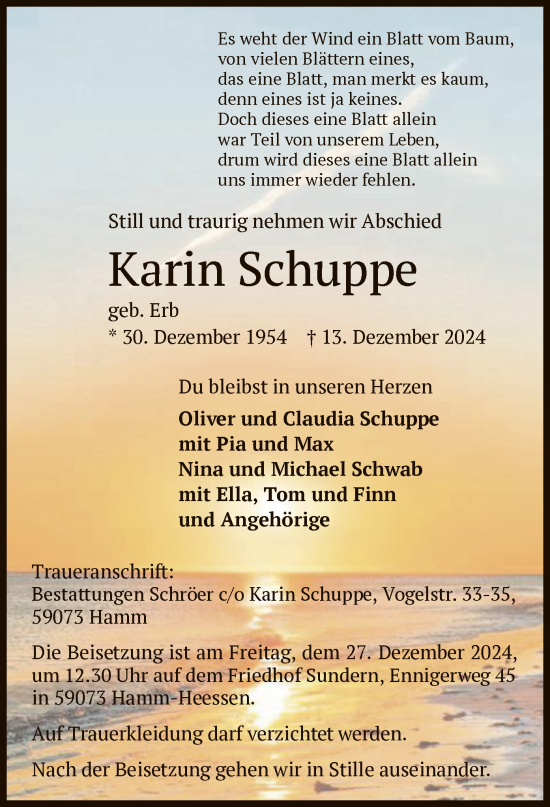 Traueranzeige von Karin Schuppe von WA