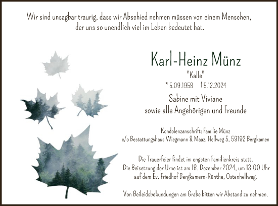 Traueranzeige von Karl-Heinz Münz von WA