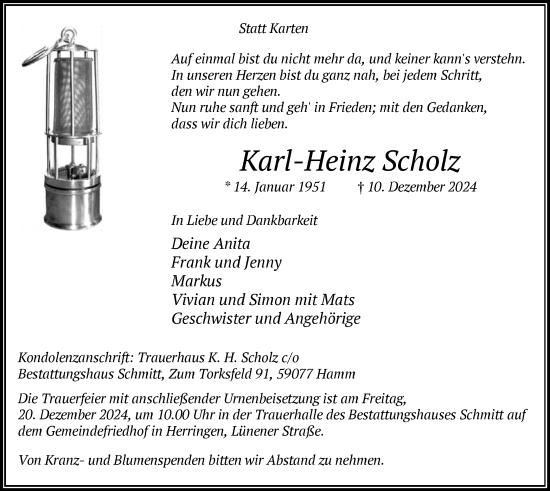Traueranzeige von Karl-Heinz Scholz von WA