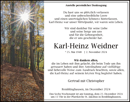 Traueranzeige von Karl-Heinz Weidner von WA