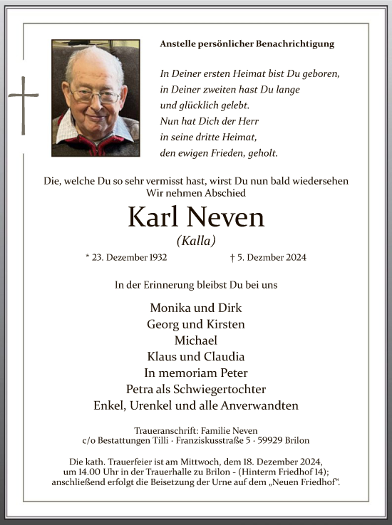 Traueranzeige von Karl Neven von WA