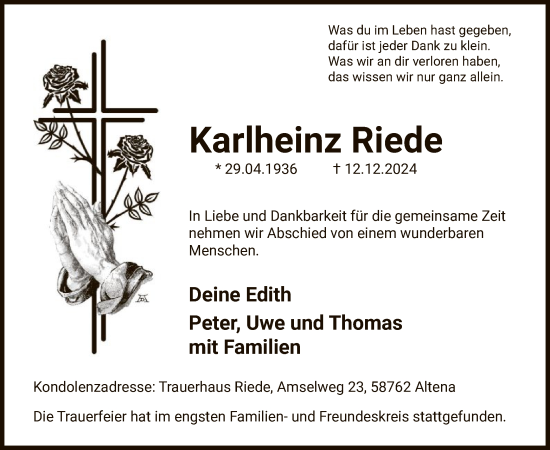 Traueranzeige von Karlheinz Riede von WA