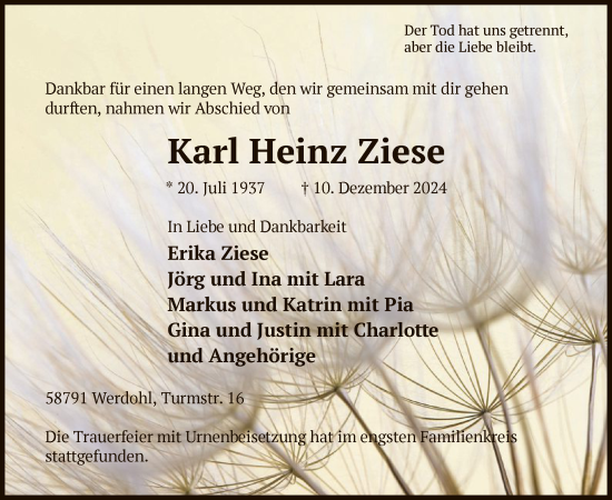 Traueranzeige von Karl Heinz Ziese von WA