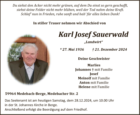 Traueranzeige von Karl Josef Sauerwald von WA