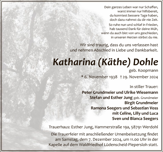 Traueranzeige von Katharina Dohle von WA