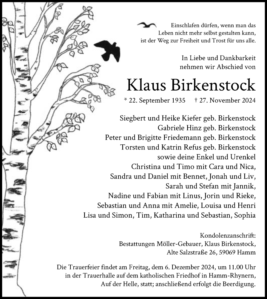  Traueranzeige für Klaus Birkenstock vom 03.12.2024 aus WA