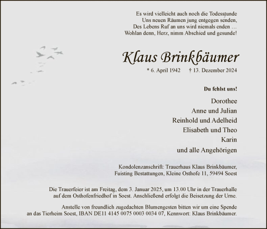 Traueranzeige von Klaus Brinkbäumer von WA