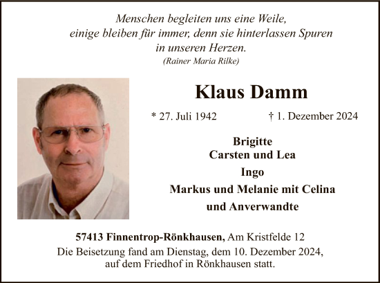 Traueranzeige von Klaus Damm von WA