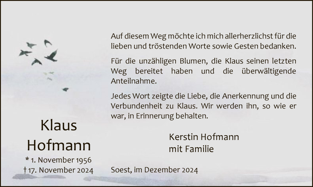  Traueranzeige für Klaus Hofmann vom 24.12.2024 aus WA
