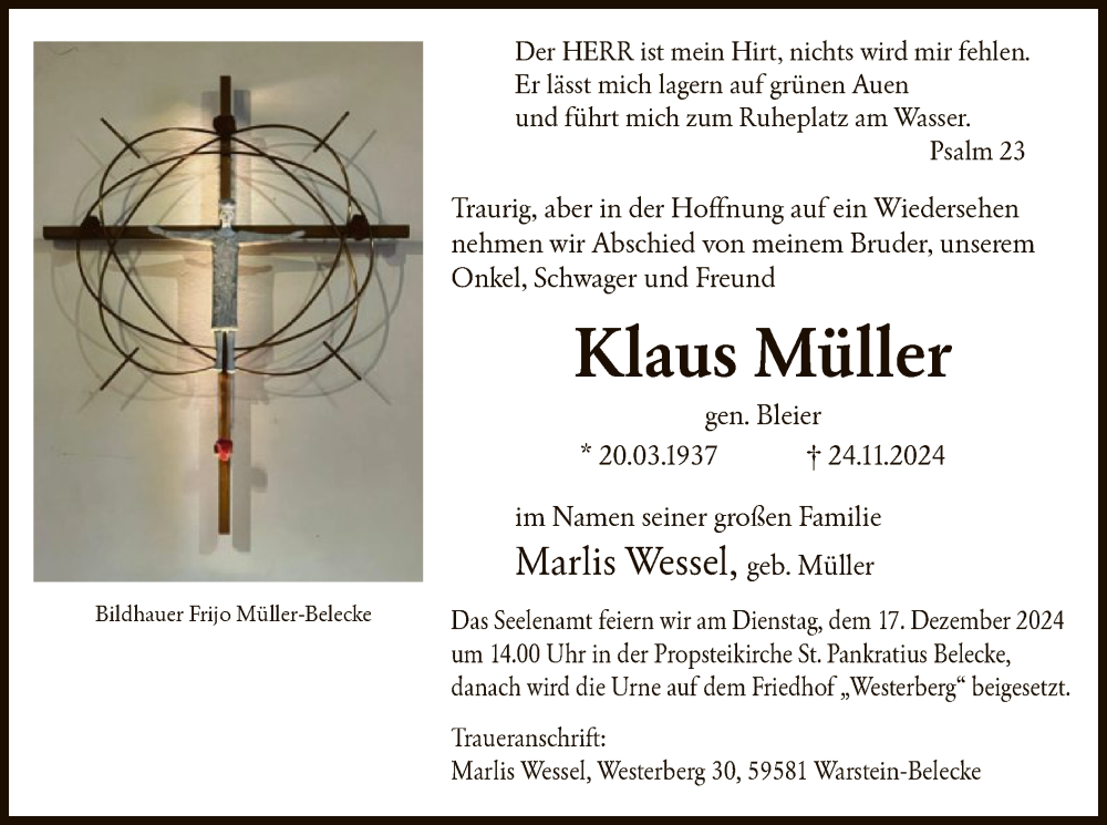  Traueranzeige für Klaus Müller vom 09.12.2024 aus WA
