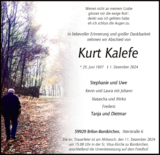 Traueranzeige von Kurt Kalefe von WA