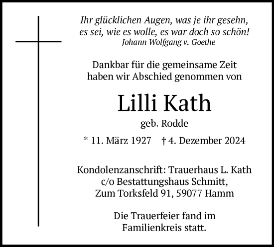 Traueranzeige von Lilli Kath von WA