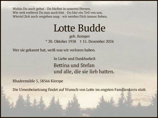 Traueranzeige von Lotte Budde von WA
