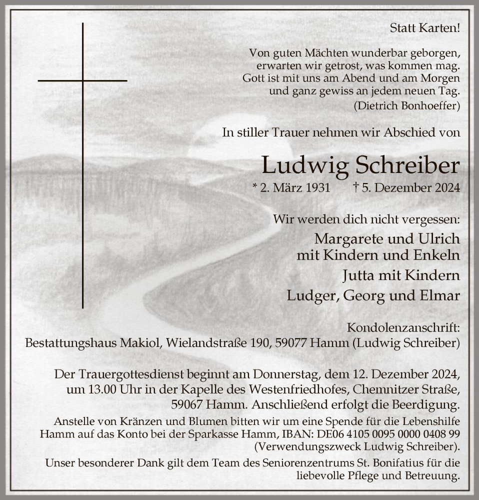 Traueranzeige für Ludwig Schreiber vom 10.12.2024 aus WA