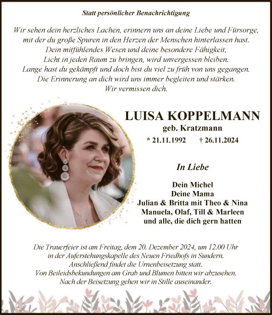 Traueranzeige von Luisa Koppelmann von WA