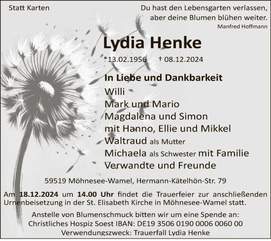 Traueranzeige von Lydia Henke von WA