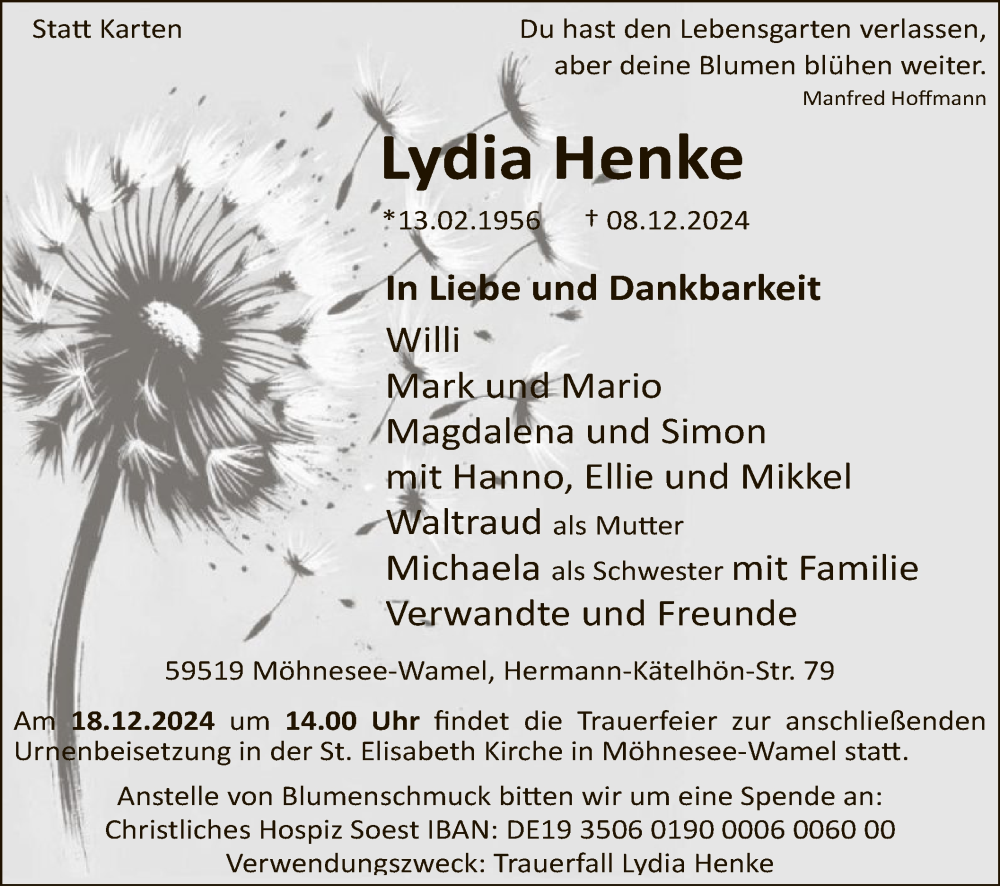  Traueranzeige für Lydia Henke vom 13.12.2024 aus WA