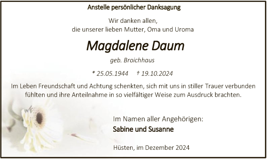 Traueranzeige von Magdalene Daum von WA