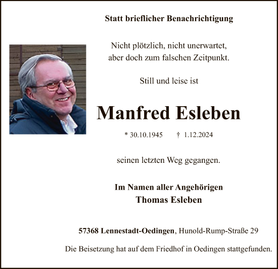 Traueranzeige von Manfred Esleben von WA