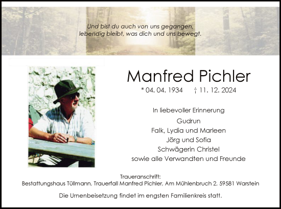 Traueranzeige von Manfred Pichler von WA