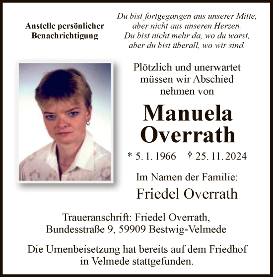 Traueranzeige von Manuela Overrath von WA