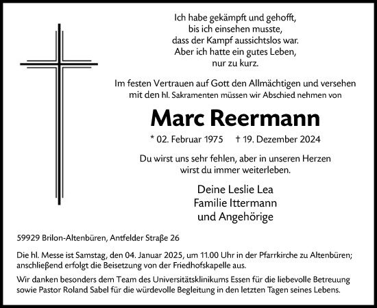 Traueranzeige von Marc Reermann von WA