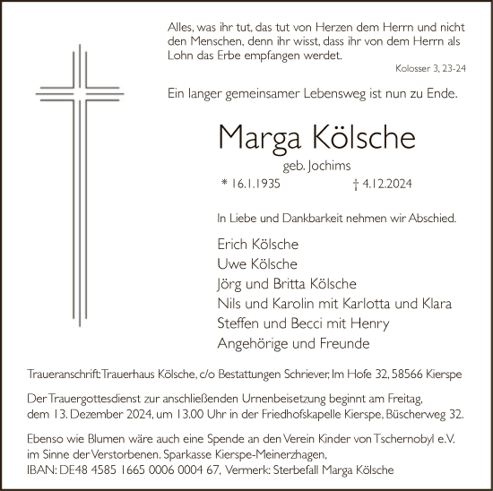 Traueranzeige von Marga Kölsche von WA