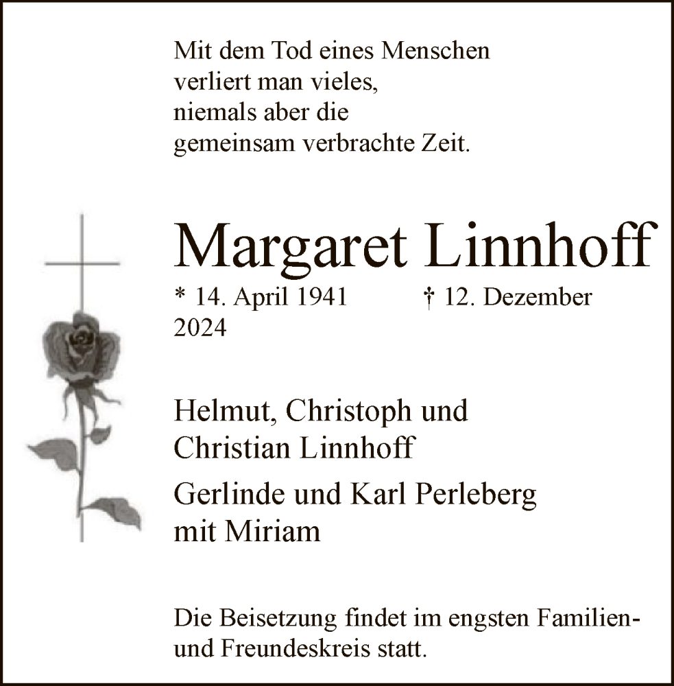  Traueranzeige für Margaret Linnhoff vom 14.12.2024 aus WA