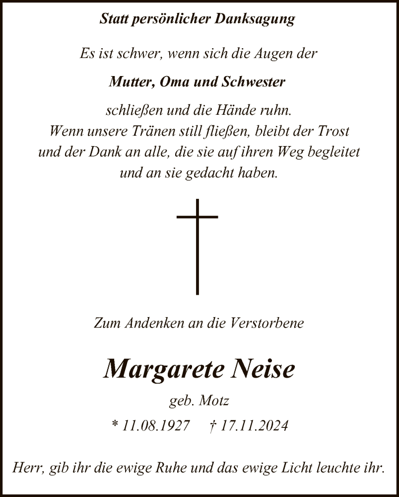 Traueranzeige für Margarete Neise vom 21.12.2024 aus WA