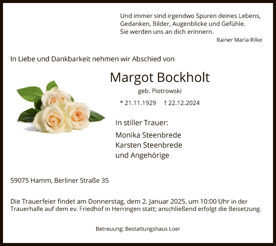 Traueranzeige von Margot Bockholt von WA