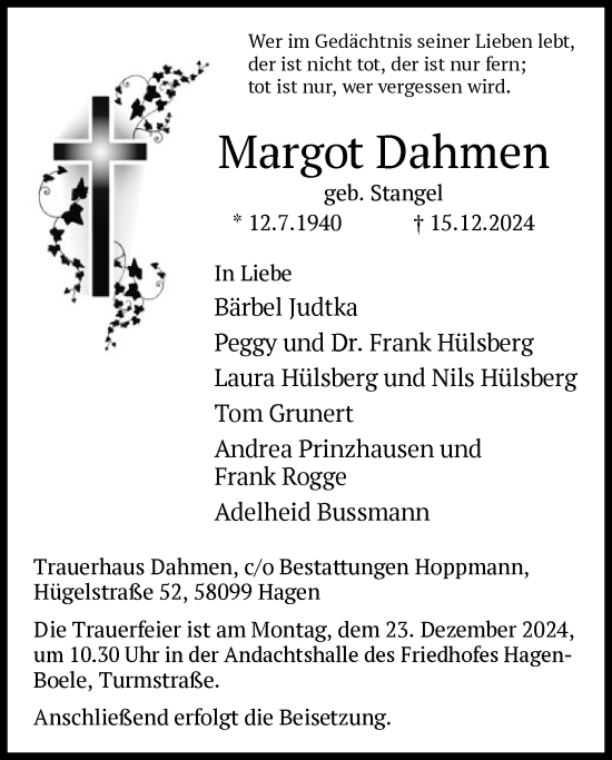 Traueranzeige von Margot Dahmen von WA