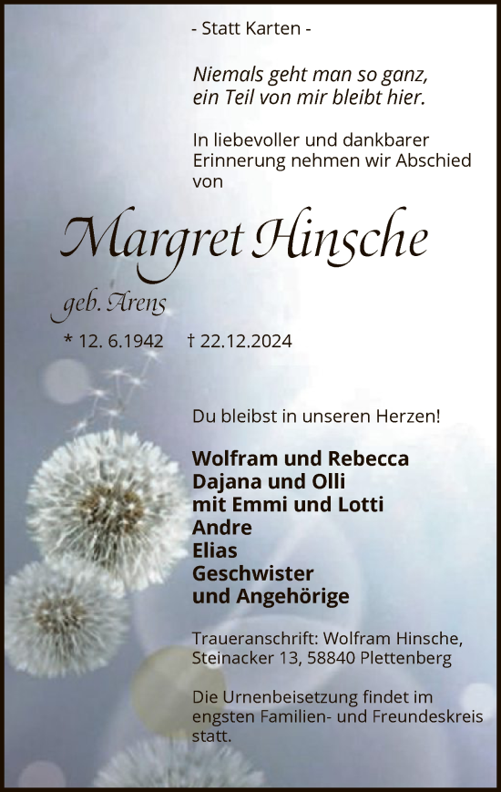 Traueranzeige von Margret Hinsche von WA