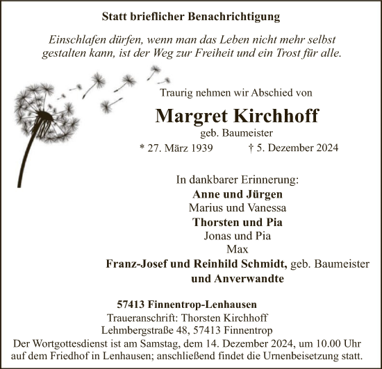 Traueranzeige von Margret Kirchhoff von WA
