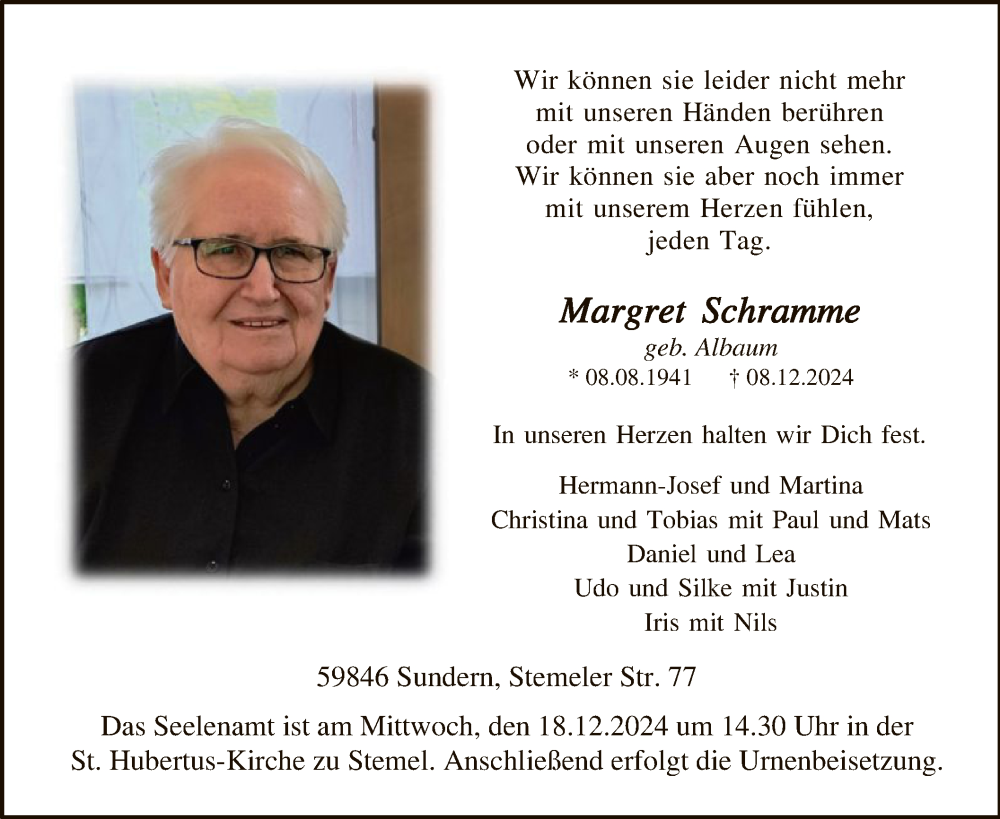  Traueranzeige für Margret Schramme vom 14.12.2024 aus WA