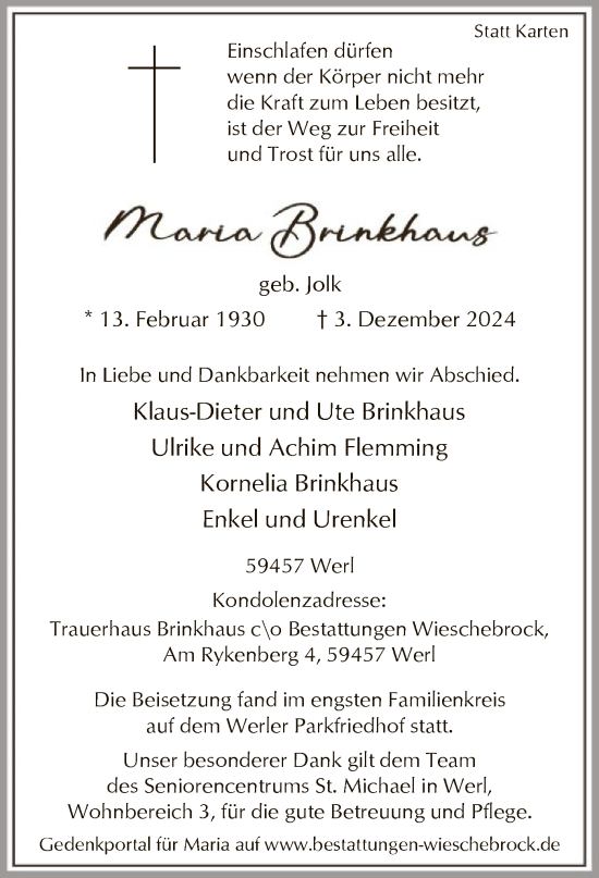 Traueranzeige von Maria Brinkhaus von WA