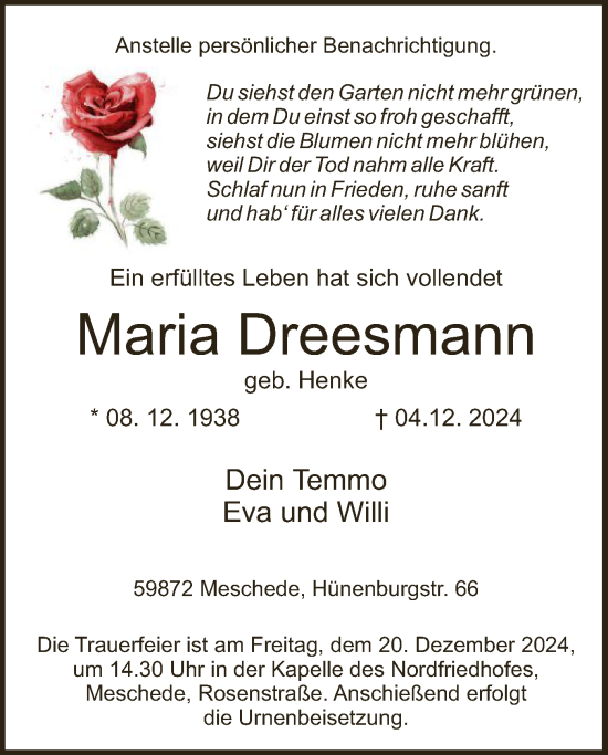 Traueranzeige von Maria Dreesmann von WA