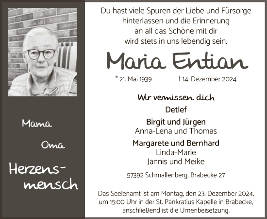Traueranzeige von Maria Entian von WA