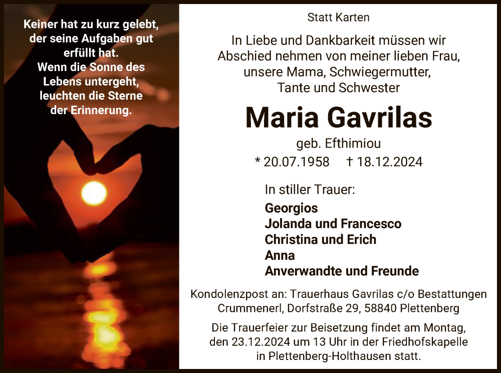  Traueranzeige für Maria Gavrilas vom 21.12.2024 aus WA