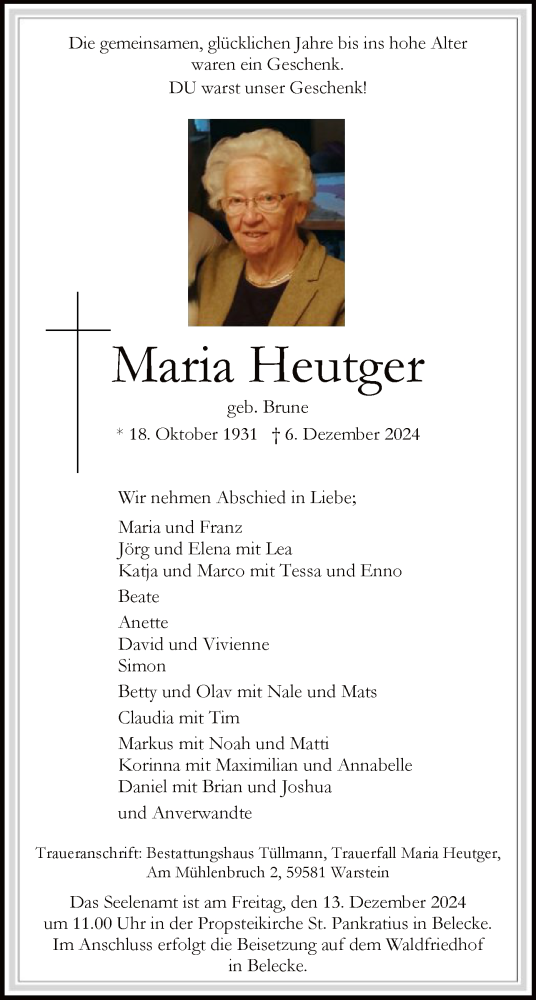 Traueranzeige von Maria Heutger von WA
