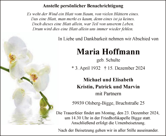 Traueranzeige von Maria Hoffmann von WA