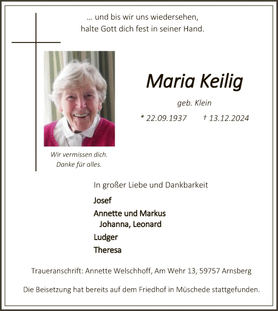 Traueranzeige von Maria Keilig von WA