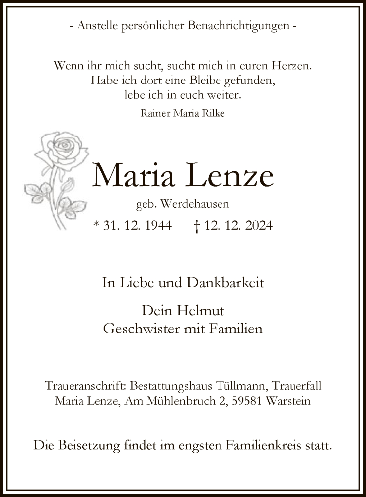  Traueranzeige für Maria Lenze vom 21.12.2024 aus WA