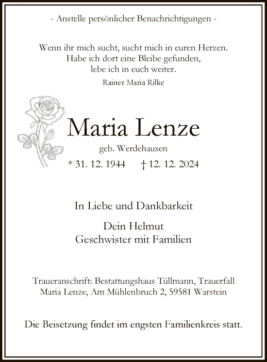Traueranzeige von Maria Lenze von WA