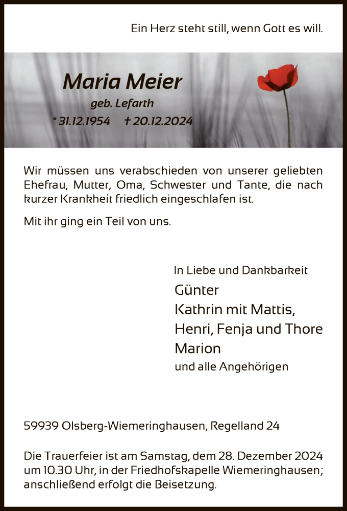  Traueranzeige für Maria Meier vom 28.12.2024 aus WA