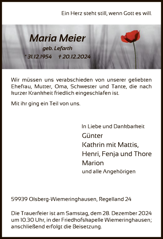 Traueranzeige von Maria Meier von WA