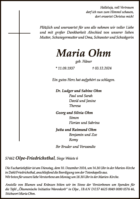 Traueranzeige von Maria Ohm von WA