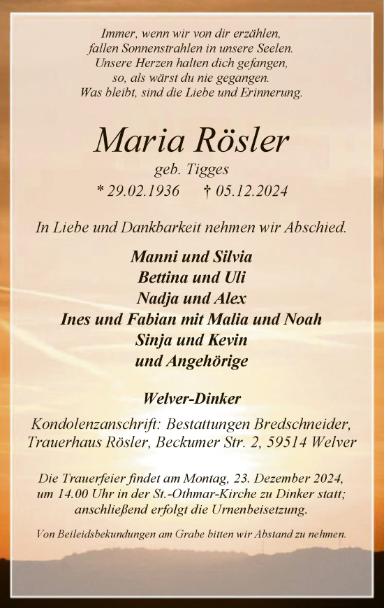 Traueranzeige von Maria Rösler von WA